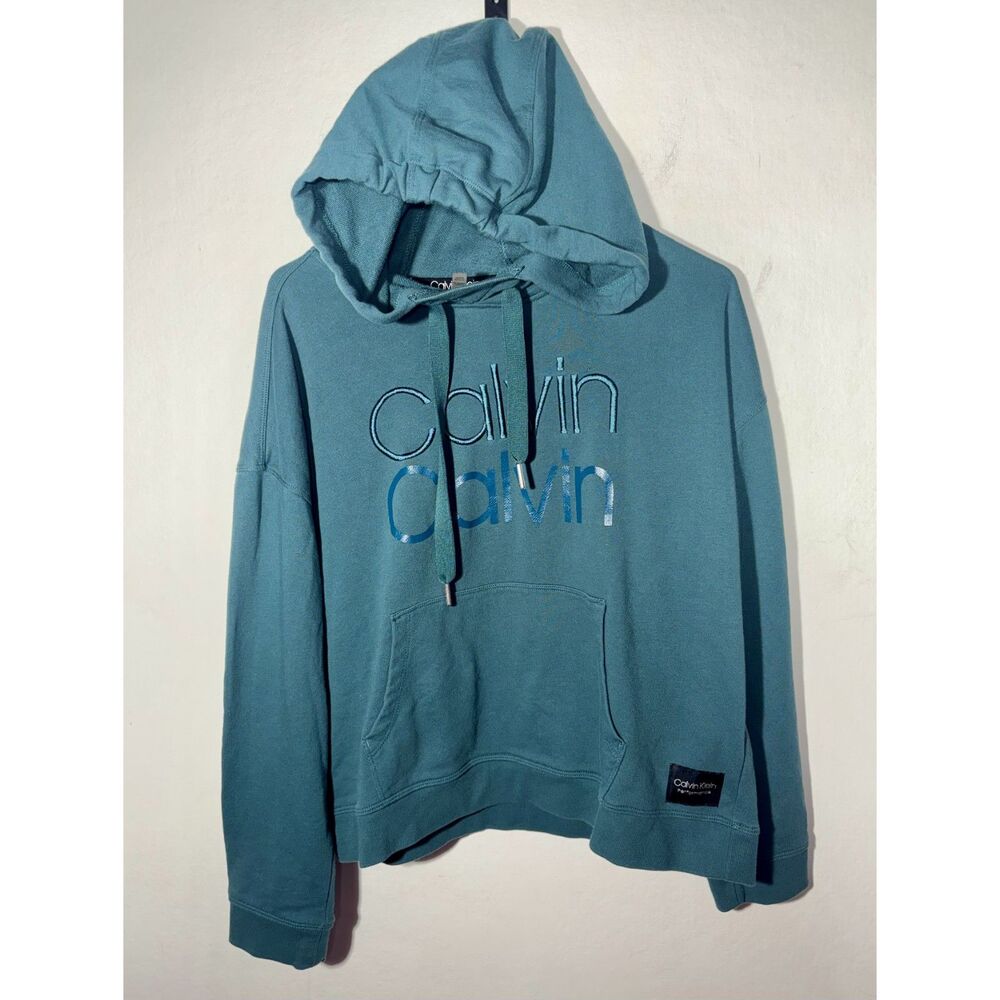 Calvin Klein Performance Hoodie Women's L Teal Logo Pullover Sweatshirt